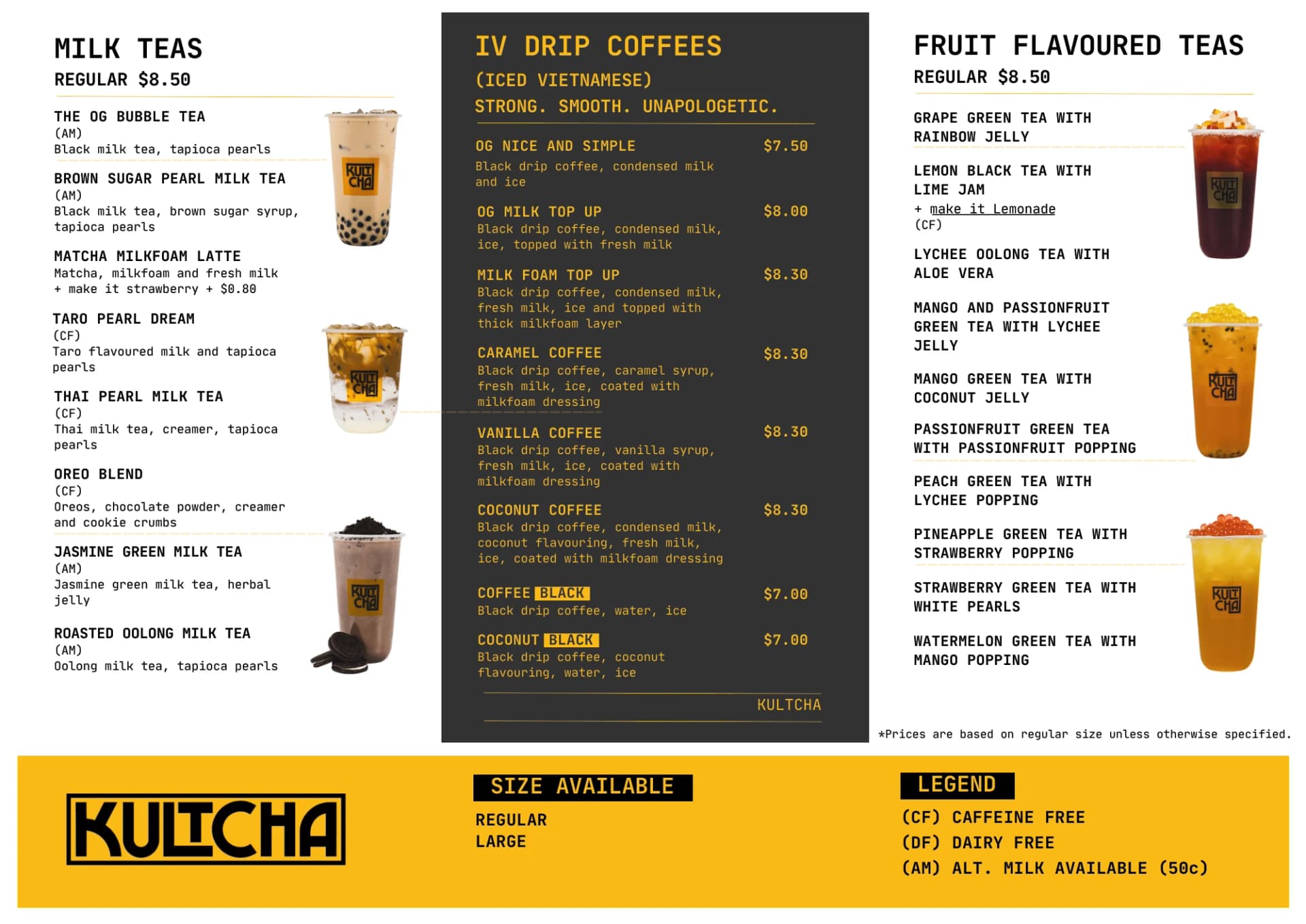 Kultcha Cairns menu board 1 — milk teas, IV drip Vietnamese coffees and fruit flavoured teas with prices