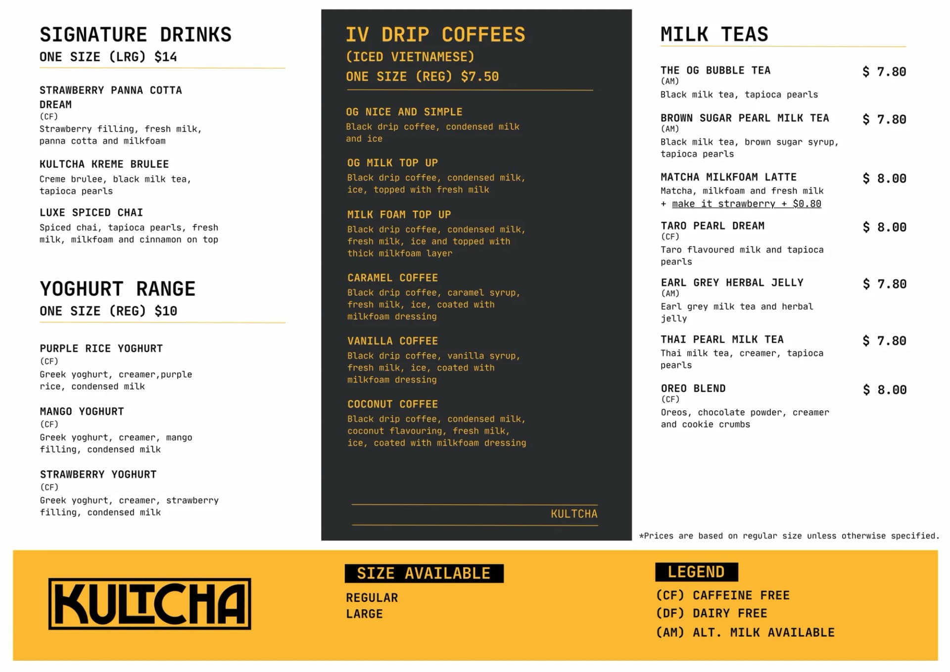 Kultcha Cairns menu board 1 — signature drinks, yoghurt range, IV drip Vietnamese coffees and milk teas with prices