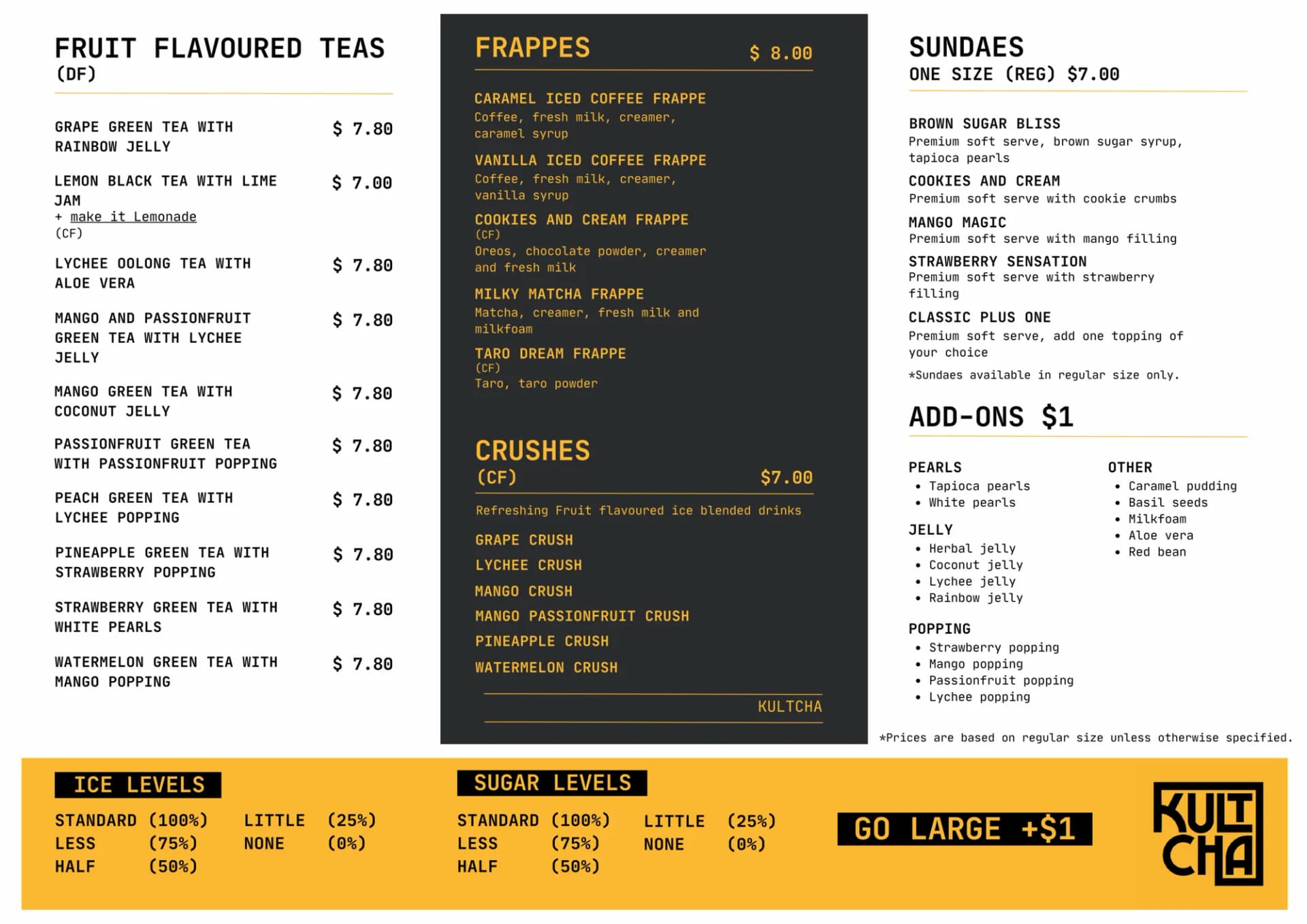 Kultcha Cairns menu board 2 — fruit flavoured teas, frappes, crushes, sundaes and add-ons with prices